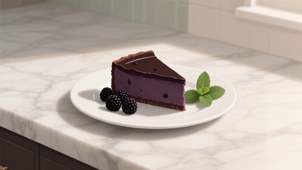 A beautifully plated slice of dark chocolate blackberry cheesecake on a marble countertop, with a few fresh blackberries and a mint leaf, soft natural lighting, muted color palette high quality illustration, detailed, 16:9