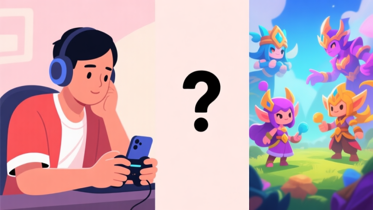 自动生成图片: A split-screen illustration showing a thoughtful Indonesian mobile gamer on one side, and vibrant, stylized characters from a fantasy game on the other, with a question mark in the center, soft pastel background high quality illustration, detailed, 16:9