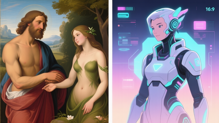 自动生成图片: A split-screen illustration showing a classic biblical painting style of Adam and Eve on one side, and a stylized, futuristic video game character design of them on the other, with digital elements and glowing details, soft color transition between the two halves high quality illustration, detailed, 16:9