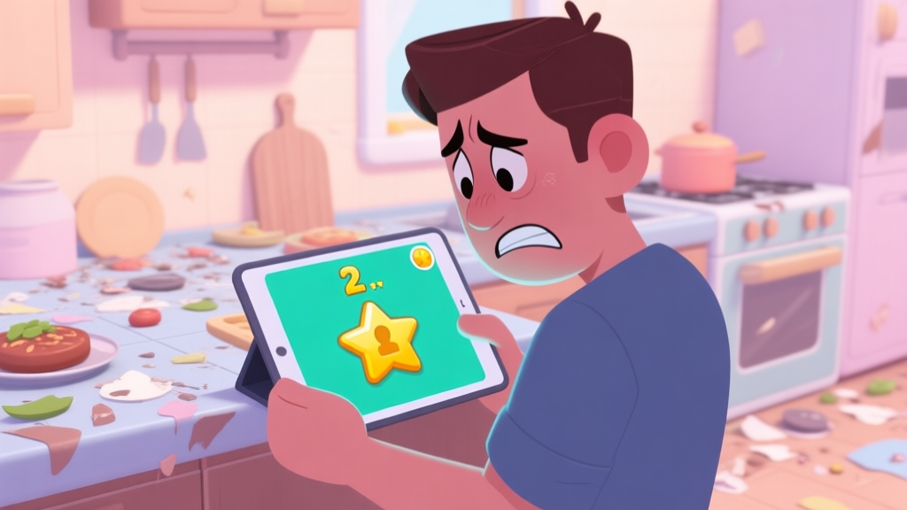 A frustrated player looking at a tablet screen showing a 2-star rating in a cooking game, with a messy virtual kitchen counter in the background, soft pastel colors high quality illustration, detailed, 16:9