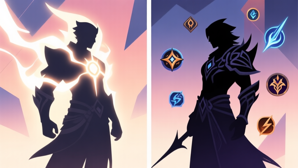 Split-screen illustration showing two distinct game character silhouettes, one glowing with light energy and the other with dark, intricate skill icons floating around them, on a soft gradient background with abstract geometric shapes high quality illustration, detailed, 16:9