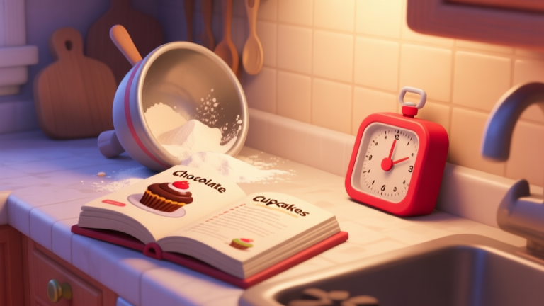 自动生成图片: A cozy, softly lit kitchen counter in a game art style, with a recipe book open to a 'Chocolate Cupcakes' page, a mixing bowl tipped over slightly spilling virtual flour, and a timer in the corner showing red, conveying a sense of charming chaos high quality illustration, detailed, 16:9