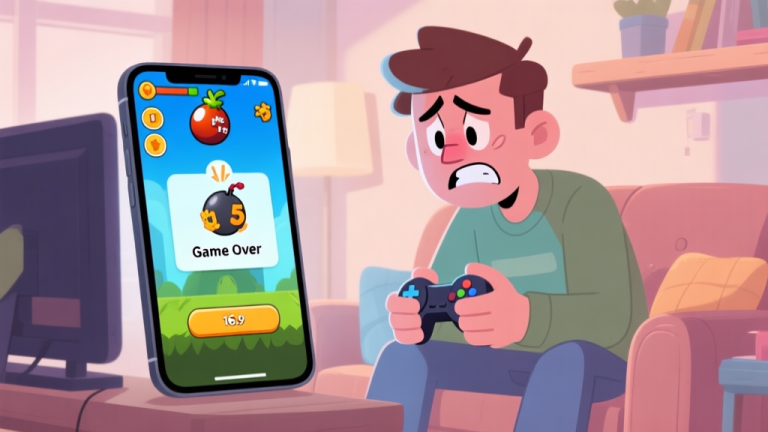 自动生成图片: A frustrated casual gamer looking at a smartphone screen showing a difficult Bomb It 5 level, with a 'Game Over' pop-up, in a cozy home setting, cartoonish style, soft colors high quality illustration, detailed, 16:9