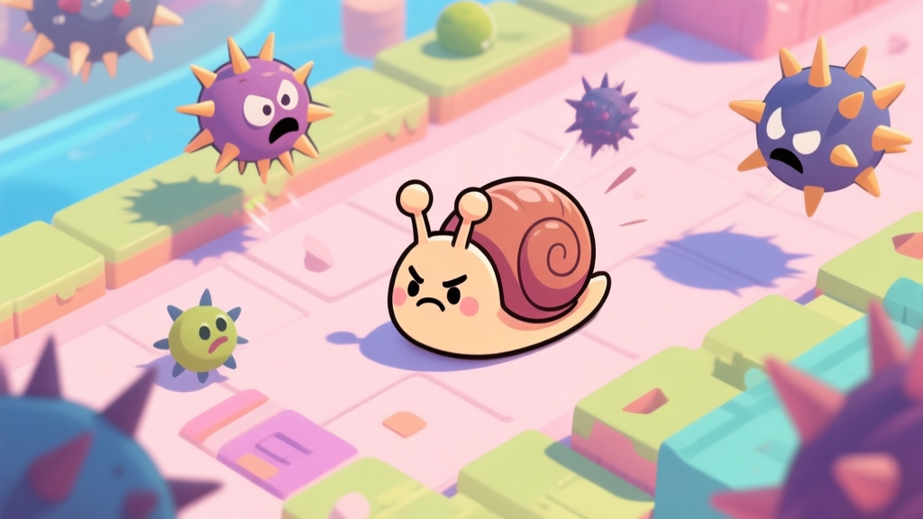 A cute cartoon snail character looking frustrated, surrounded by moving spiked obstacles and enemies on a vibrant game level, top-down view, soft pastel colors high quality illustration, detailed, 16:9