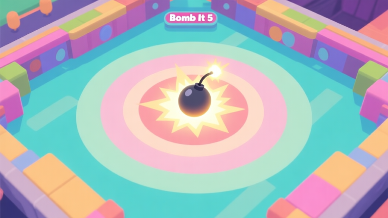 自动生成图片: A stylized, top-down view of a colorful Bomb It 5 game arena, showing a central glowing bomb with concentric explosion radius circles, soft pastel colors, flat design style high quality illustration, detailed, 16:9