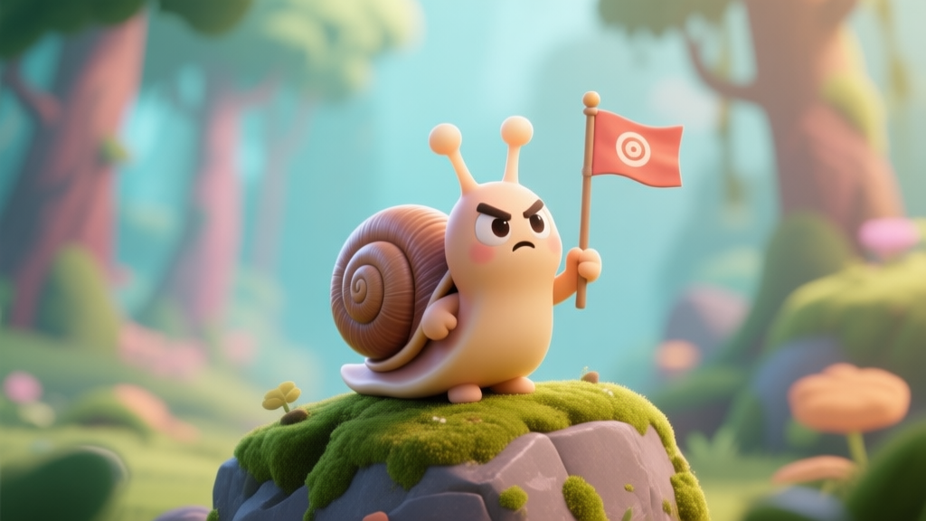 A cute, stylized 3D render of a snail character with a determined expression, holding a tiny flag, standing on a mossy rock in a vibrant game-like forest, soft lighting, pastel color palette high quality illustration, detailed, 16:9