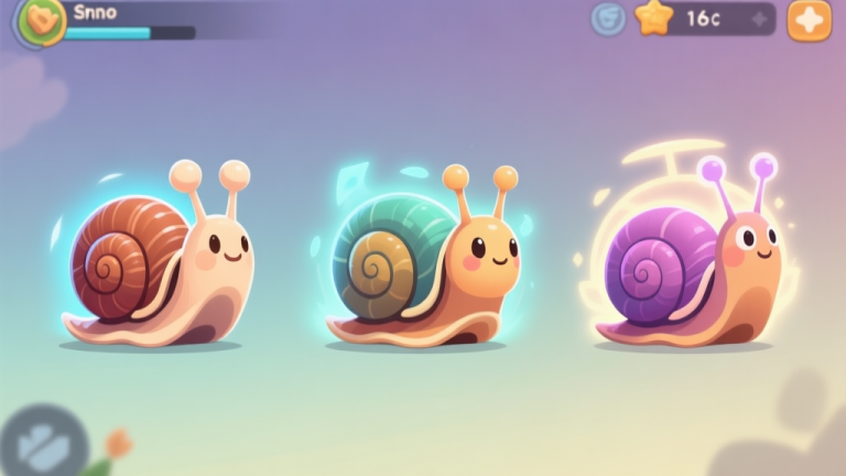 自动生成图片: A stylized, side-by-side comparison of three different snail characters in a mobile game, each with distinct visual traits and auras, set against a soft gradient background with subtle game UI elements high quality illustration, detailed, 16:9