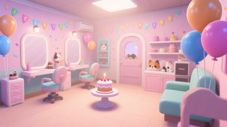 自动生成图片: A cozy, softly lit virtual pet salon interior with birthday decorations like balloons and a small cake, seen from a player's perspective, in a gentle pastel color palette, digital illustration high quality illustration, detailed, 16:9