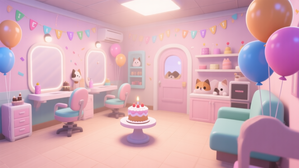 A cozy, softly lit virtual pet salon interior with birthday decorations like balloons and a small cake, seen from a player's perspective, in a gentle pastel color palette, digital illustration high quality illustration, detailed, 16:9