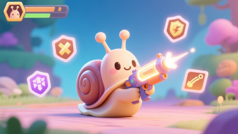 自动生成图片: A stylized, cute 3D snail character in a vibrant game environment, holding a glowing weapon, with status icons for attack, defense, and speed floating around it, soft pastel color scheme high quality illustration, detailed, 16:9