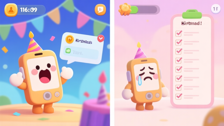 自动生成图片: A split-screen illustration showing a cute, stylized mobile game character looking excited at a birthday event notification on one side, and the same character looking overwhelmed by a long checklist of tasks on the other, soft pastel color palette high quality illustration, detailed, 16:9
