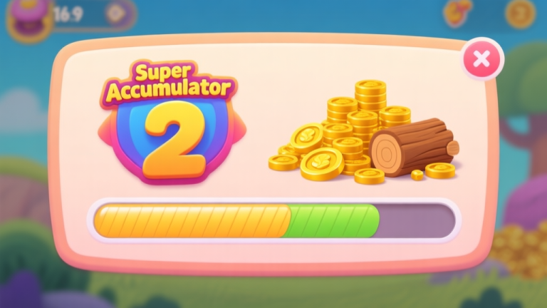 自动生成图片: A vibrant, friendly game UI screen showing a stylized "Super Accumulator 2" icon next to resource piles like gold and wood, with a progress bar filling up quickly, cartoonish style, soft colors high quality illustration, detailed, 16:9