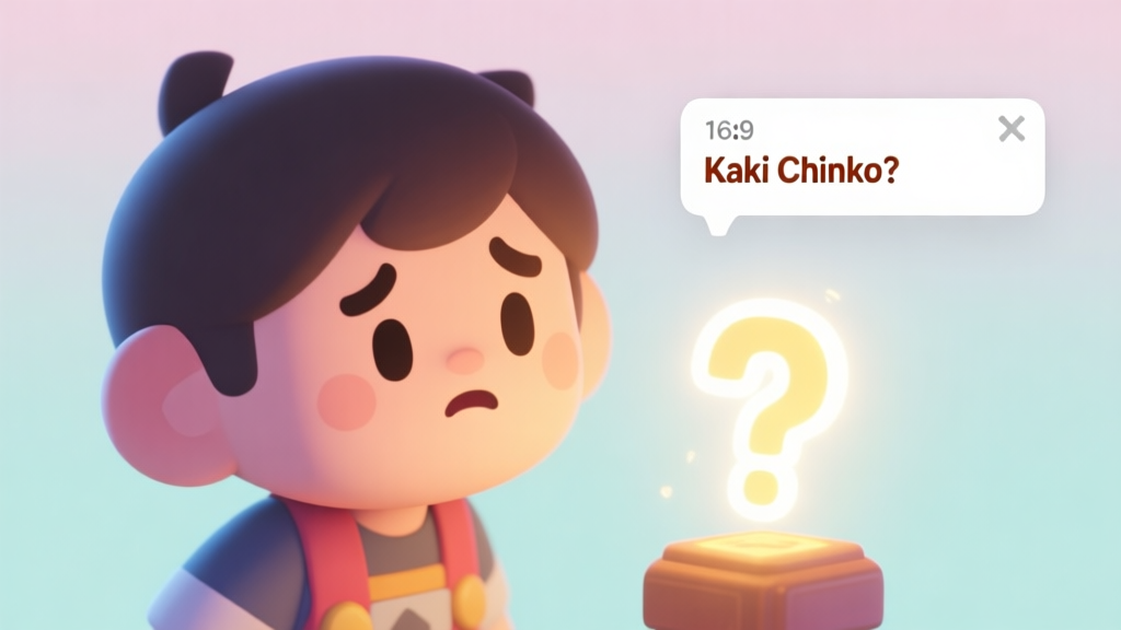 A friendly, stylized illustration of a video game character looking confused at a glowing, question-mark-shaped item, with a simple UI element showing a tooltip that says "Kaki Chinko?", soft pastel background high quality illustration, detailed, 16:9