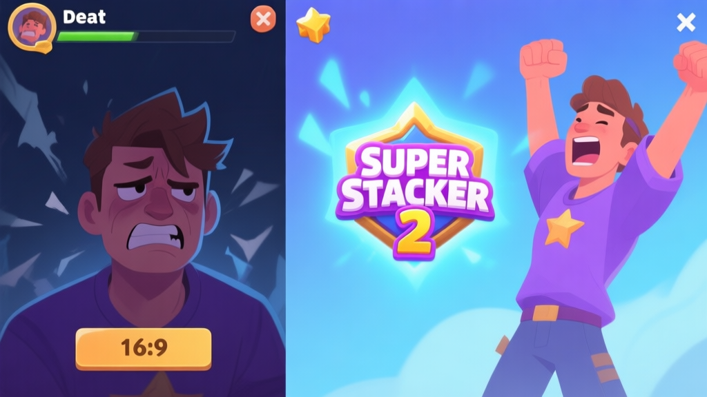 A dynamic yet clean game interface split-screen, left side shows a player looking frustrated at a defeat screen, right side shows the same player celebrating a victory with a glowing "Super Stacker 2" skill icon prominent, in a soft color palette of blues and purples high quality illustration, detailed, 16:9