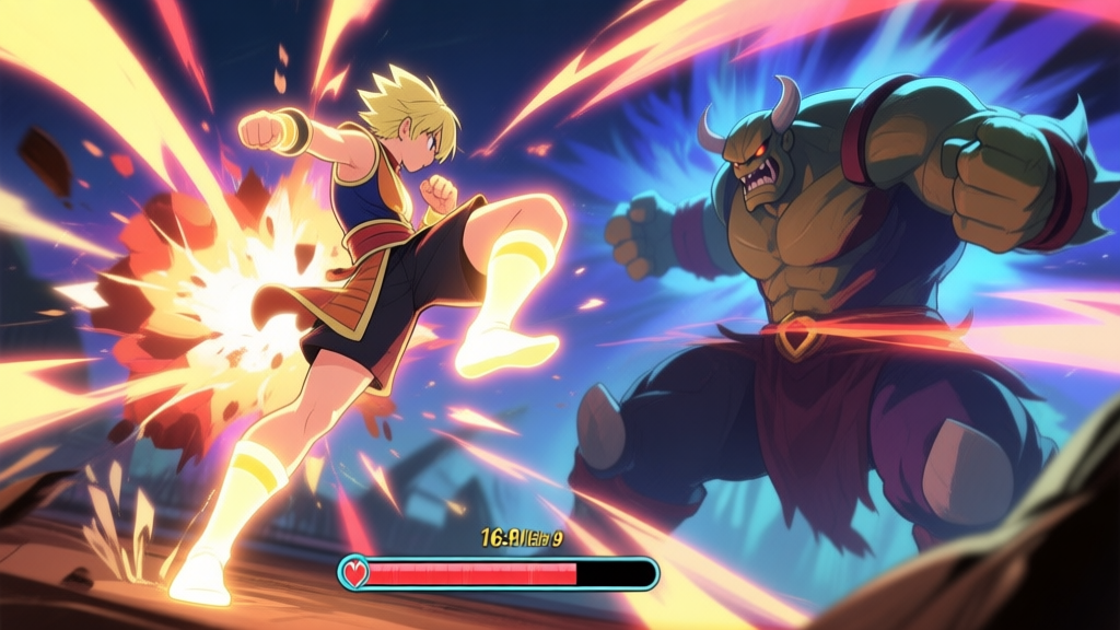 A dynamic, stylized video game action scene showing a glowing character leg mid-kick against a powerful boss, with impact effects and a nearly empty health bar visible, anime-inspired art style with vibrant energy trails high quality illustration, detailed, 16:9