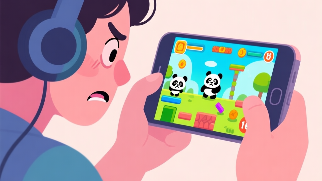 A frustrated gamer looking at a bright, colorful game screen on a mobile device, with cartoon pandas and obstacles visible, soft pastel color palette high quality illustration, detailed, 16:9