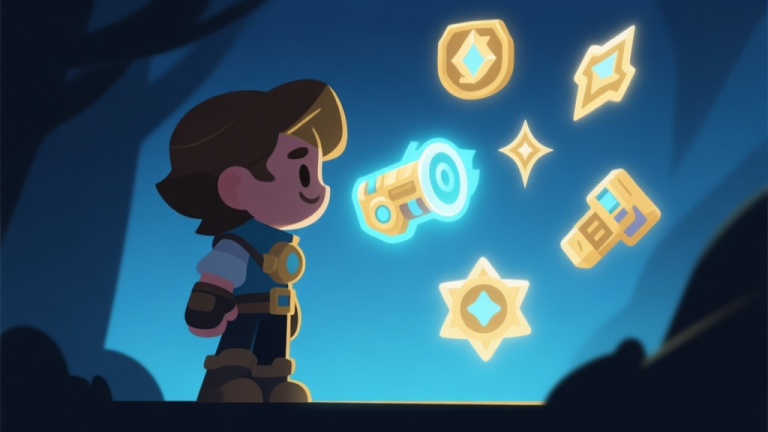 自动生成图片: A stylized, hopeful game character standing in shadows, looking at glowing equipment and skill icons floating in front of them, soft blue and gold color scheme, flat design style high quality illustration, detailed, 16:9