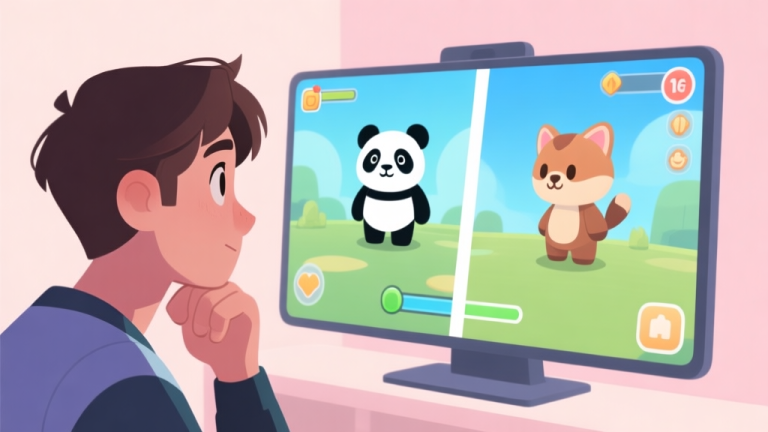自动生成图片: A split-screen illustration showing a player character looking thoughtfully at two distinct game avatars on a screen, one with a panda theme and another with a different animal theme, soft pastel background, clean UI elements high quality illustration, detailed, 16:9