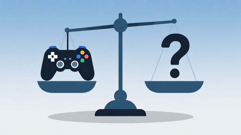 A stylized, balanced scale with a game controller on one side and a thoughtful question mark on the other, set against a soft gradient background in muted blues and grays, flat design style high quality illustration, detailed, 16:9