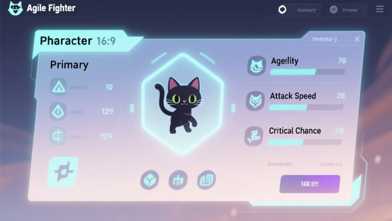 自动生成图片: Game character stat sheet interface for a cat-themed agile fighter, showing primary attributes like Agility, Attack Speed, and Critical Chance, with sleek icons and a clean holographic display, soft color palette high quality illustration, detailed, 16:9