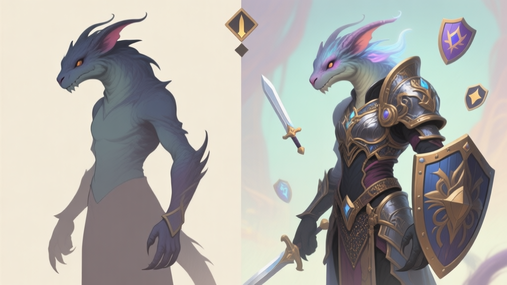 A side-by-side comparison illustration of a mysterious creature in a plain default form and an empowered form with intricate cosmetic armor, showing subtle stat icons like sword and shield floating nearby, in a soft fantasy color palette high quality illustration, detailed, 16:9