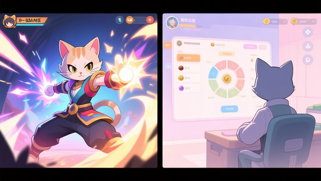 A side-by-side comparison illustration of a cat-eared game character in two scenarios: one in a vibrant battle pose with special effects, and another in a calm, strategic setting viewing a resource management panel, soft pastel color palette, anime-inspired game art style high quality illustration, detailed, 16:9