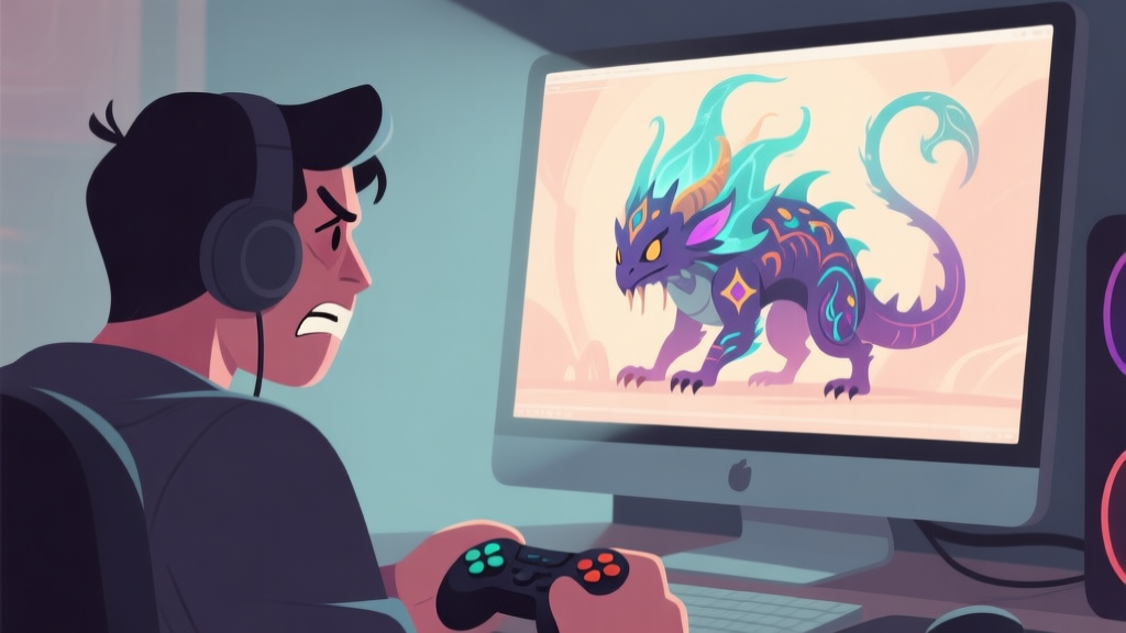 A frustrated gamer looking at a beautifully customized but underperforming mystical creature on a computer screen, soft lighting, muted colors, flat illustration style high quality illustration, detailed, 16:9