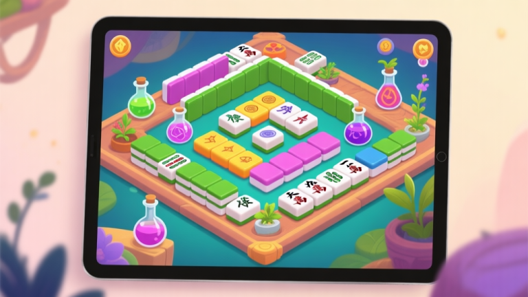 自动生成图片: A digital tablet screen showing a vibrant Alchemy Mahjongg game board, with colorful tiles featuring potions, plants, and elemental symbols, arranged in a complex layered pattern. Soft, inviting color palette. high quality illustration, detailed, 16:9