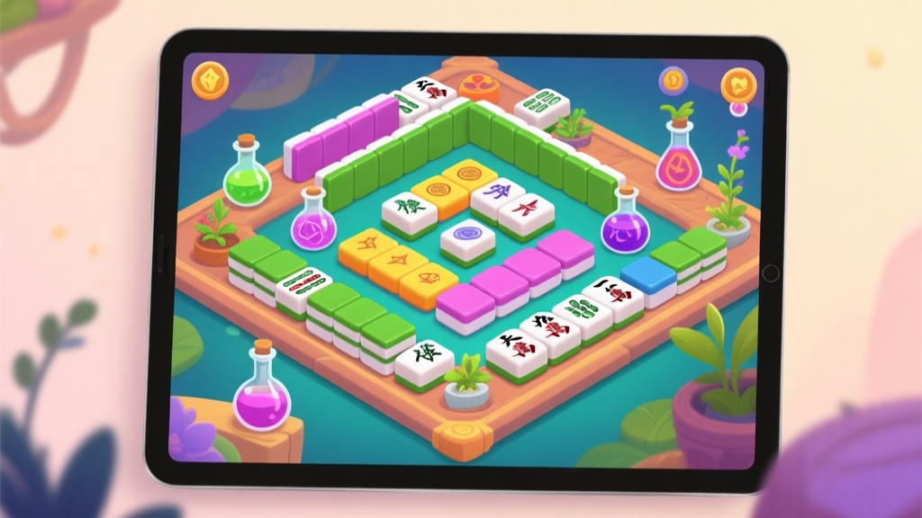 A digital tablet screen showing a vibrant Alchemy Mahjongg game board, with colorful tiles featuring potions, plants, and elemental symbols, arranged in a complex layered pattern. Soft, inviting color palette. high quality illustration, detailed, 16:9