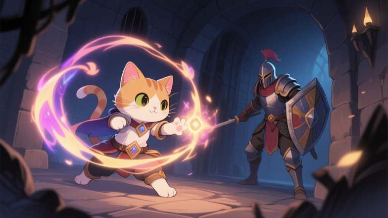 自动生成图片: A cute but powerful fantasy game cat companion in action, casting a healing spell on a warrior in a dark dungeon, anime-inspired art style, soft lighting, vibrant magical effects high quality illustration, detailed, 16:9