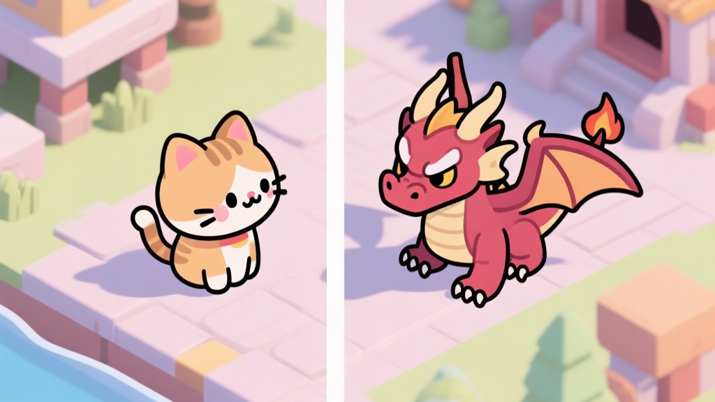 Side-by-side comparison of a cute cartoon cat character and a more traditional fierce dragon companion in a game setting, soft pastel colors, clean lines, isometric view high quality illustration, detailed, 16:9