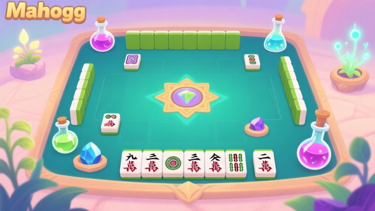自动生成图片: A vibrant game interface showing a Mahjongg solitaire board with fantasy alchemy symbols like potions, elemental stones, and glowing plants, soft pastel color scheme, clean and inviting design high quality illustration, detailed, 16:9