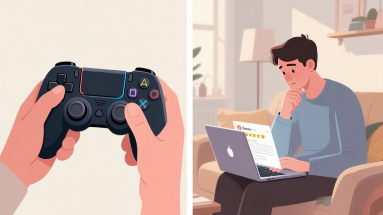 自动生成图片: A split-screen image showing a hand holding a game controller on one side, and a thoughtful person browsing reviews on a laptop on the other, in a cozy room setting, soft neutral color palette high quality illustration, detailed, 16:9