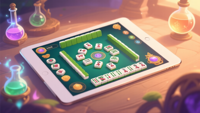 自动生成图片: A cozy, inviting game interface on a tablet, showing a blend of mahjong tile matching and fantasy alchemy elements, with a soft, warm color palette and subtle magical glow high quality illustration, detailed, 16:9