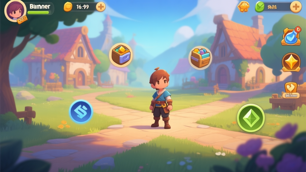 A welcoming, softly lit game interface of a mobile action RPG, showing a beginner character standing at a crossroads in a vibrant fantasy village, with clear icons for missions, inventory, and skills floating gently around, in a calm and inviting color palette high quality illustration, detailed, 16:9
