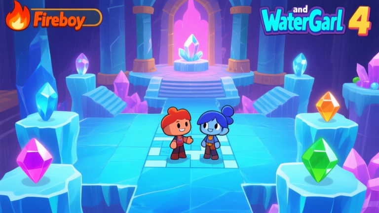 自动生成图片: Game screenshot style of Fireboy and Watergirl 4, showing the crystal temple environment with ice platforms, glowing gems, and the two characters standing before a puzzle, vibrant game colors high quality illustration, detailed, 16:9