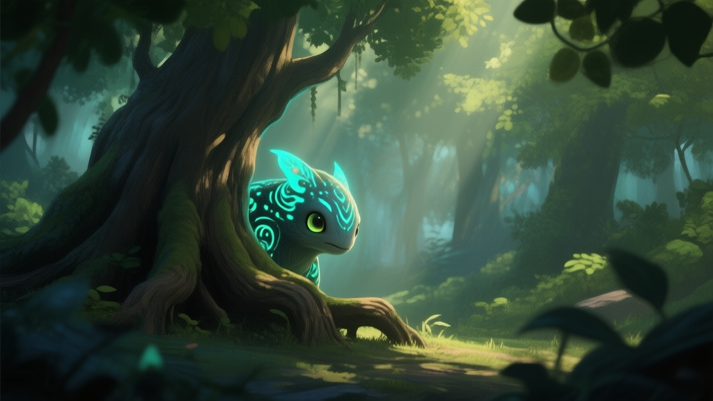 A serene, mystical forest scene in a video game, with dappled sunlight filtering through dense foliage. A rare, glowing creature with bioluminescent patterns is half-hidden behind a giant tree root, peeking curiously, in a painterly digital art style high quality illustration, detailed, 16:9