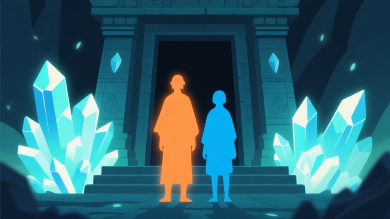 自动生成图片: Two stylized character silhouettes, one glowing orange and the other blue, standing before a mysterious temple entrance made of glowing crystals, soft mystical lighting, flat design style high quality illustration, detailed, 16:9