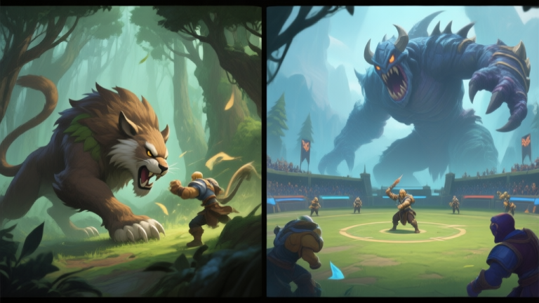 自动生成图片: A split-screen illustration showing a majestic forest creature battling a large PvE monster on one side, and the same creature in a strategic PvP arena facing another player's companion on the other side, soft fantasy color palette, muted greens and blues high quality illustration, detailed, 16:9