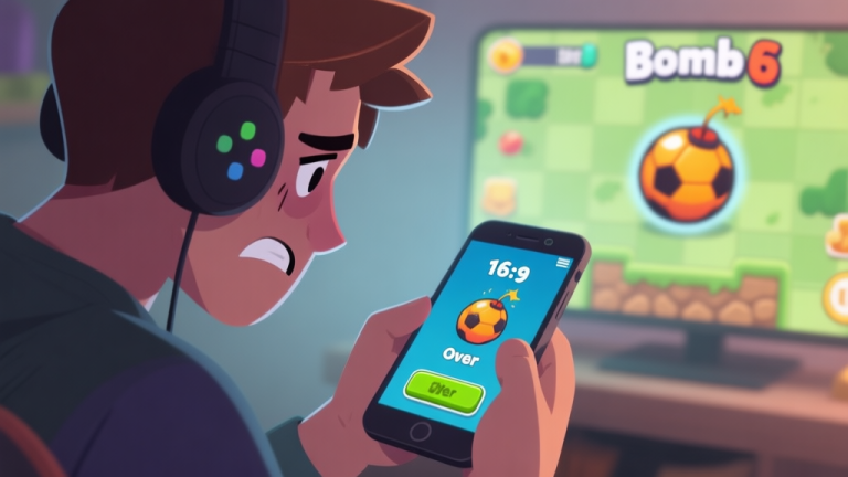 自动生成图片: A frustrated gamer looking at a game over screen on a mobile device, with a Bomb It 6 level visible in the background, soft lighting, muted colors high quality illustration, detailed, 16:9