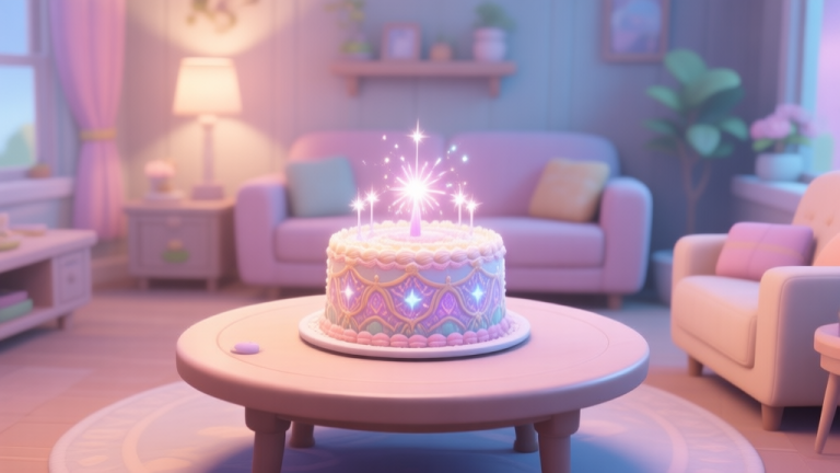 自动生成图片: A cozy, well-decorated virtual living room in a game, with soft lighting. On a central table, a beautifully rendered, intricate cake with magical sparkles sits as a centerpiece, inviting admiration. Soft pastel color palette. high quality illustration, detailed, 16:9