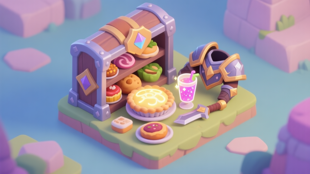 A beautifully rendered isometric view of a fantasy game inventory, showcasing various visually appealing food items like a glowing pie and a sparkling drink next to battle gear, soft pastel color palette, clean and inviting game UI style high quality illustration, detailed, 16:9