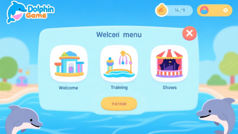 自动生成图片: A welcoming and colorful game interface of a dolphin park simulation, showing a clean main menu with soft icons for facilities, training, and shows, on a light blue background high quality illustration, detailed, 16:9