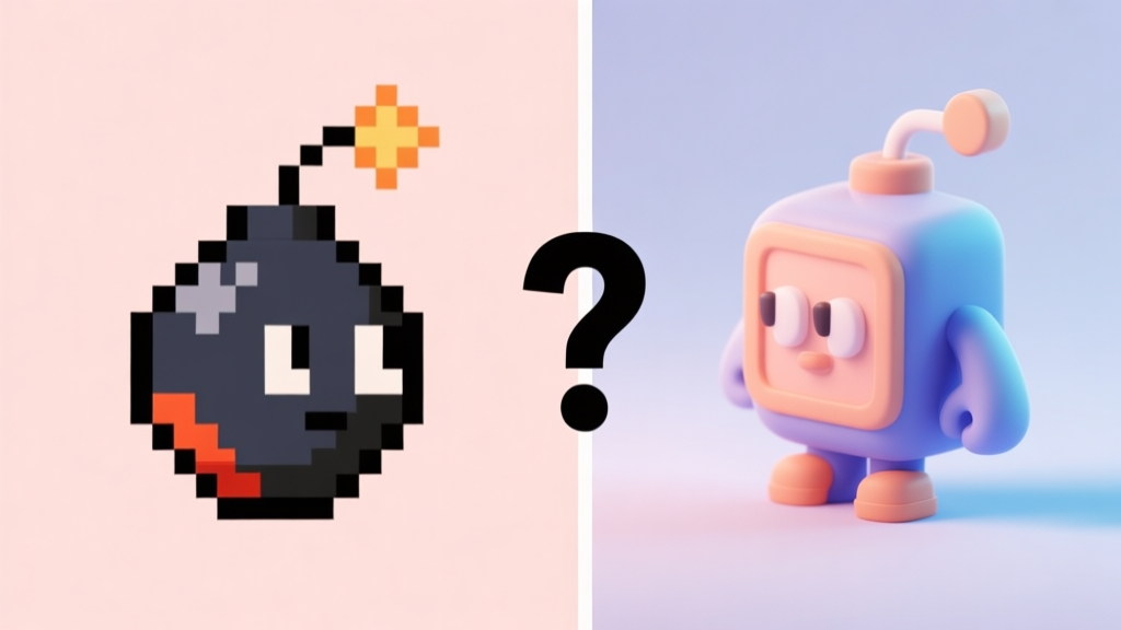 A split-screen illustration showing a classic pixelated bomb character on the left and a modern, stylized 3D version on the right, with a question mark in the center, soft pastel background high quality illustration, detailed, 16:9