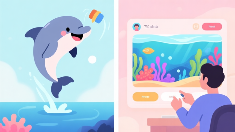自动生成图片: A split-screen illustration showing a joyful cartoon dolphin performing a trick on one side, and a player managing a colorful, abstract aquarium interface on the other, in a soft pastel color palette high quality illustration, detailed, 16:9