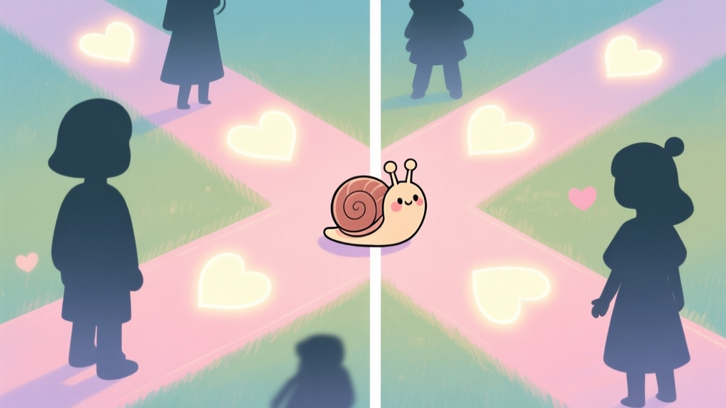 A split-screen illustration showing a cute cartoon snail at a crossroads, with multiple glowing heart-paths leading to different silhouette characters, in a soft pastel color palette high quality illustration, detailed, 16:9