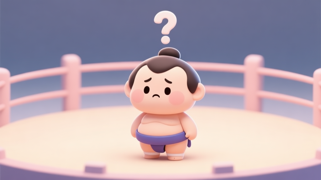 A cute, chibi-style sumo wrestler character looking confused in a circular arena, with a question mark above its head, soft pastel colors, simple background high quality illustration, detailed, 16:9