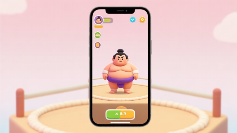 自动生成图片: A smartphone screen showing a vibrant, cartoonish sumo wrestler character on a simple dohyo (sumo ring), with clean UI elements and a soft pastel background, minimalist mobile game aesthetic high quality illustration, detailed, 16:9