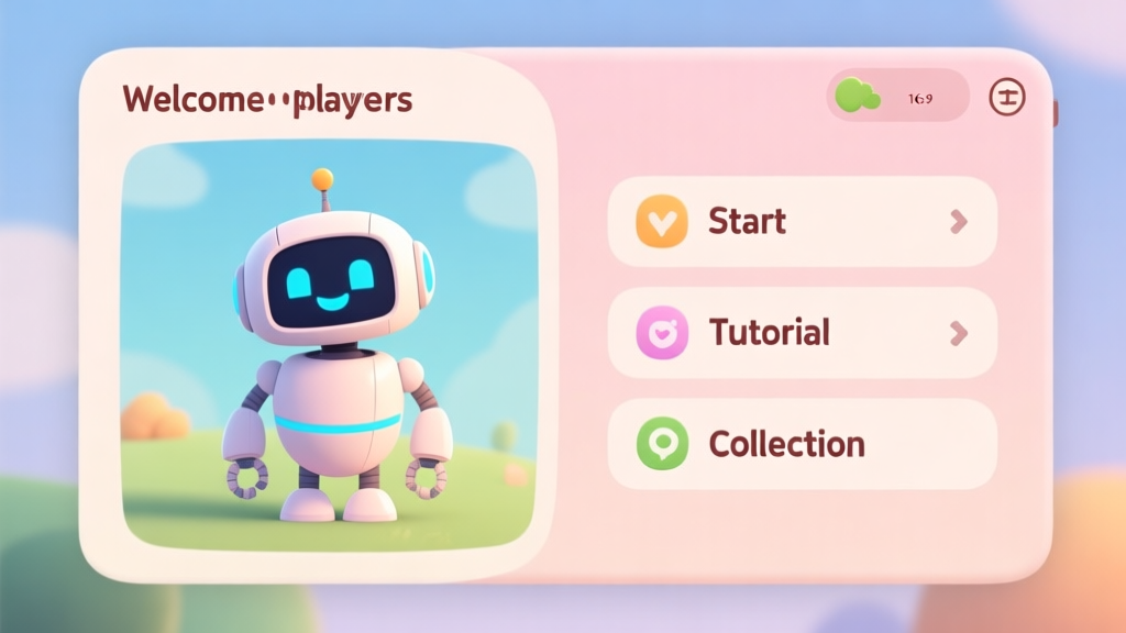 A welcoming game interface for new players, showing a friendly robot character on one side and simple menu options like "Start", "Tutorial", "Collection" on the other, soft pastel colors, clean and inviting design high quality illustration, detailed, 16:9
