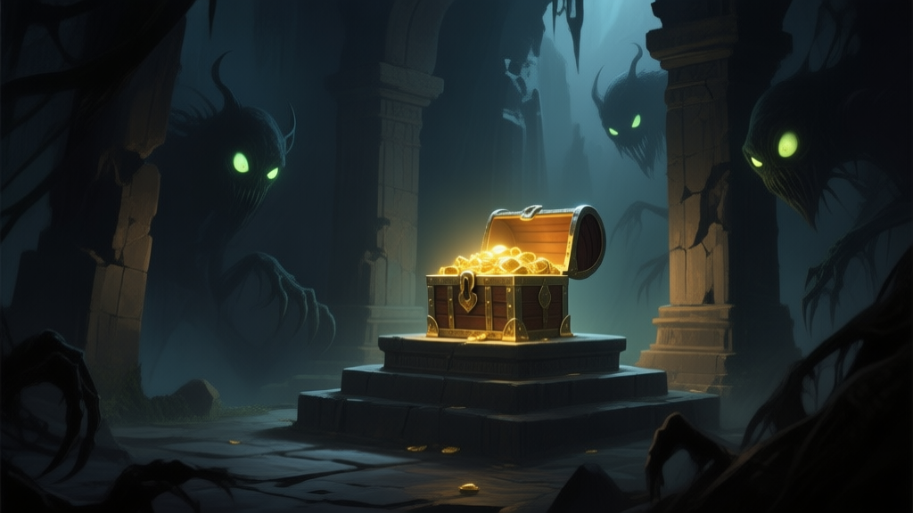 A dark fantasy game scene, a glowing treasure chest sits on a pedestal in a ruined temple, surrounded by ominous shadows and the glowing eyes of hidden monsters, soft lighting highlights the danger and reward, painted in a digital art style high quality illustration, detailed, 16:9